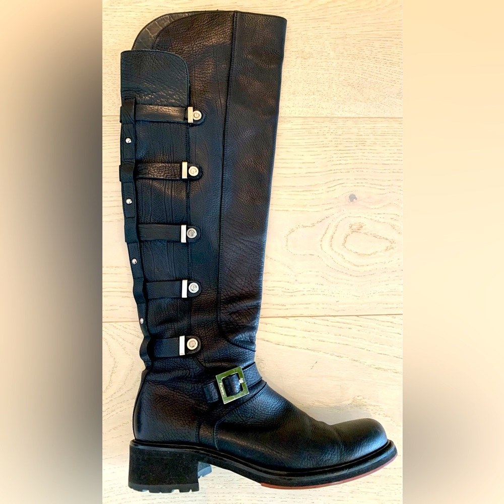 PACIOTTI Designer Black Leather Over Knee Boots Silver 41 US 10-10.5